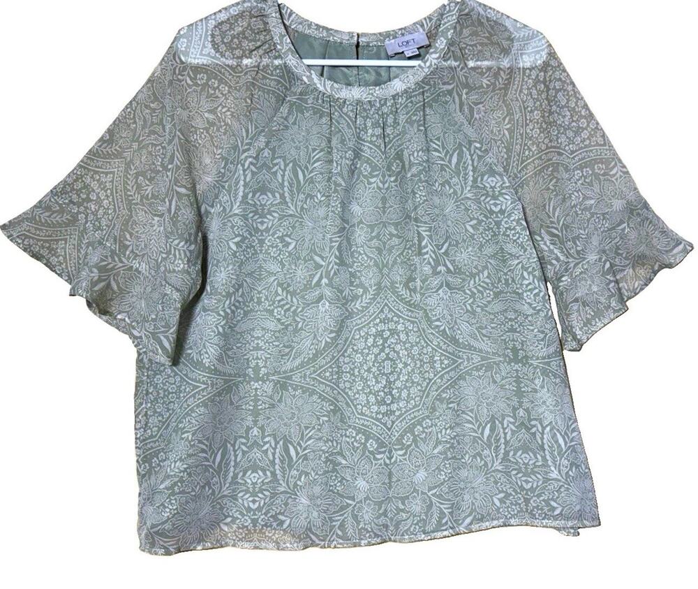 LOFT Women's M Green Floral Round Neck Flutter Short Sleeve Button Blouse